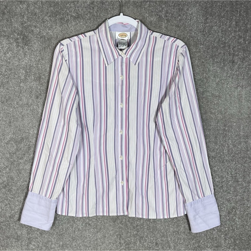 Vintage Talbots French Cuff Button Up Top Womens Sz S Purple Pink Striped Cotton